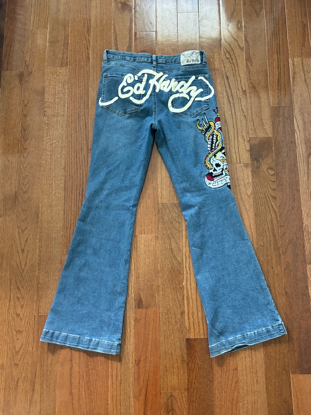 ed hardy y2k embroidered flare jeans 30”